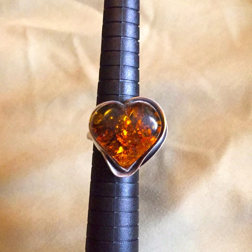 Heart shaped amber and silver ring